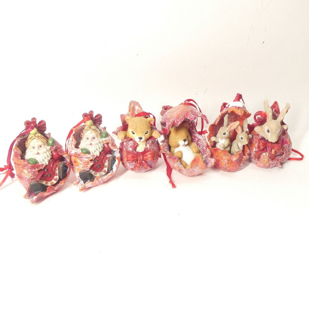 6 Christopher Radko Woodland Winds Leaf Ornaments - Santa Bunny Bear